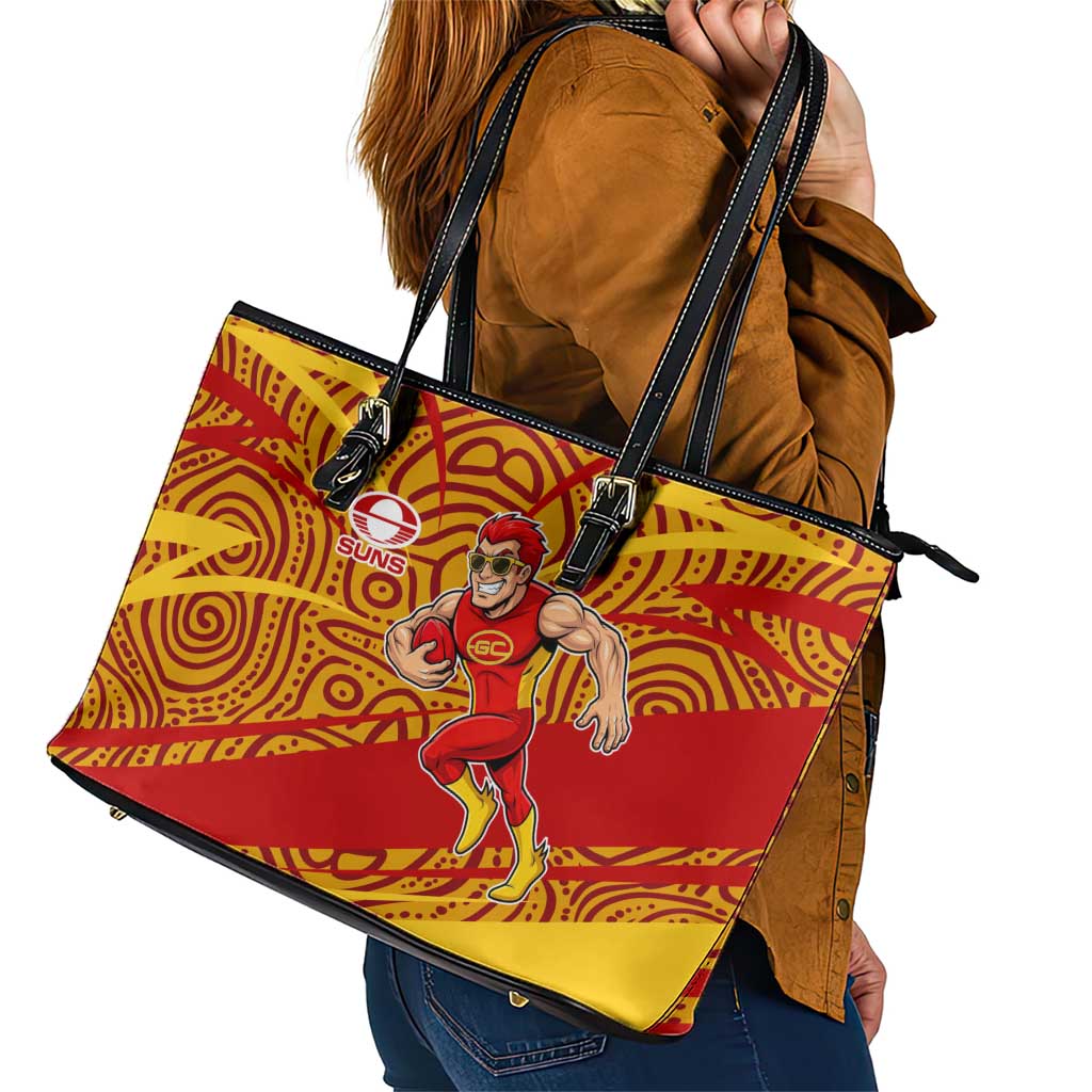 Gold Coast Suns Australian Football Leather Tote Bag Sunny Hero Mascot With Indigenous Pattern Art