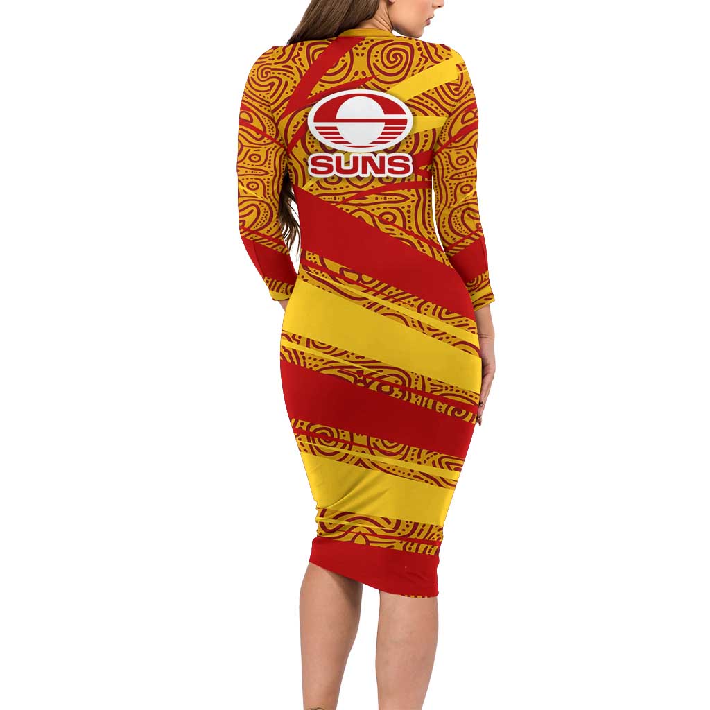 Gold Coast Suns Australian Football Long Sleeve Bodycon Dress Sunny Hero Mascot With Indigenous Pattern Art