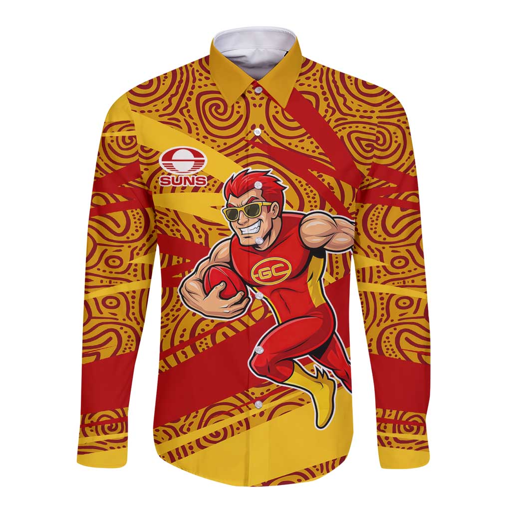 Gold Coast Suns Australian Football Long Sleeve Button Shirt Sunny Hero Mascot With Indigenous Pattern Art