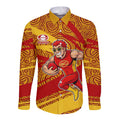 Gold Coast Suns Australian Football Long Sleeve Button Shirt Sunny Hero Mascot With Indigenous Pattern Art