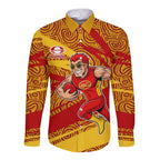 Gold Coast Suns Australian Football Long Sleeve Button Shirt Sunny Hero Mascot With Indigenous Pattern Art