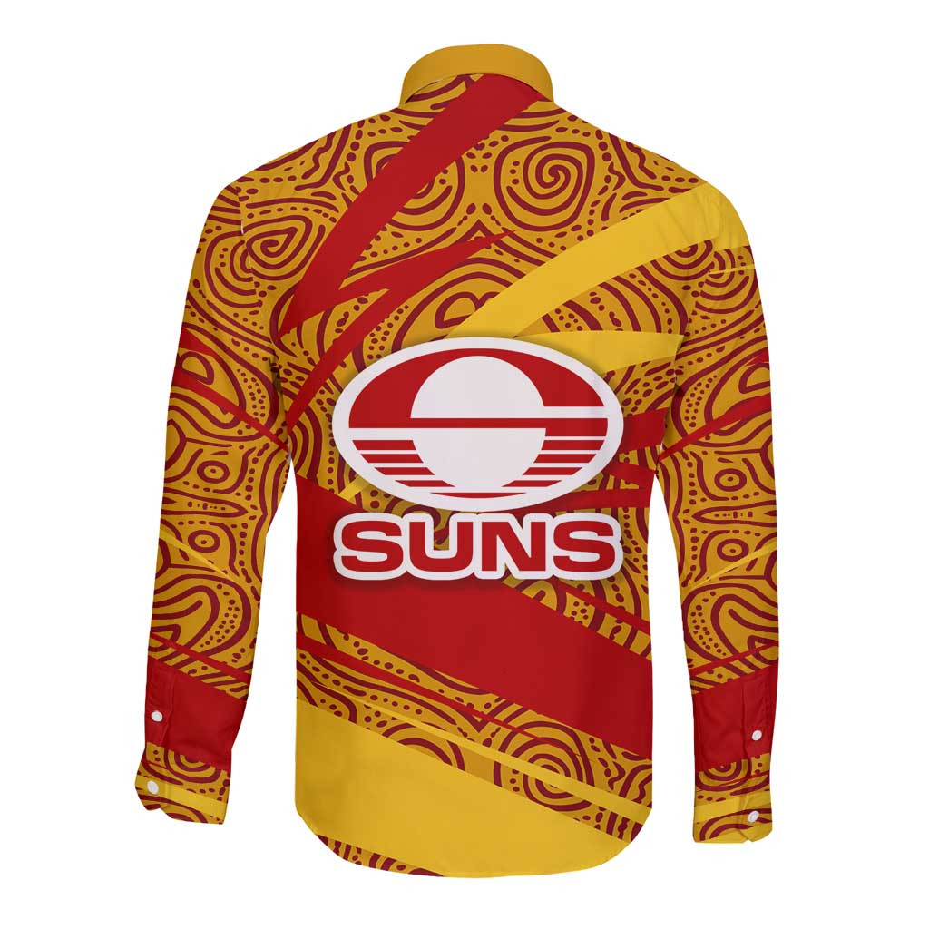 Gold Coast Suns Australian Football Long Sleeve Button Shirt Sunny Hero Mascot With Indigenous Pattern Art