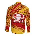 Gold Coast Suns Australian Football Long Sleeve Button Shirt Sunny Hero Mascot With Indigenous Pattern Art