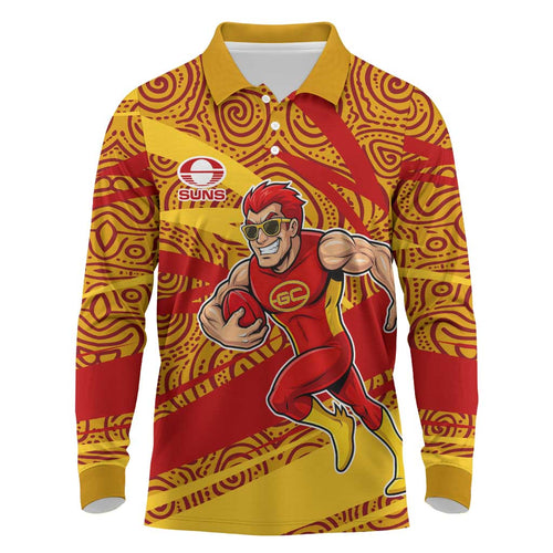 Gold Coast Suns Australian Football Long Sleeve Polo Shirt Sunny Hero Mascot With Indigenous Pattern Art
