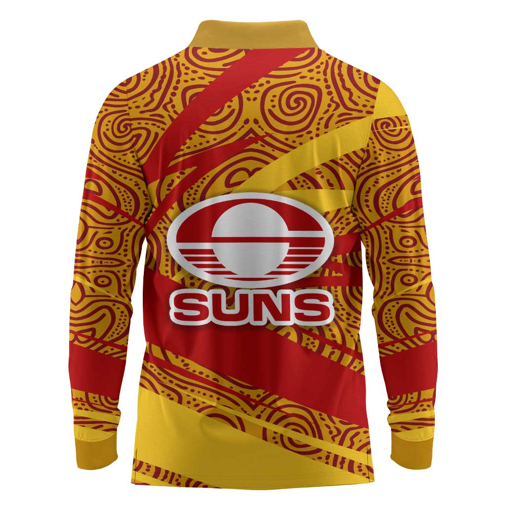 Gold Coast Suns Australian Football Long Sleeve Polo Shirt Sunny Hero Mascot With Indigenous Pattern Art