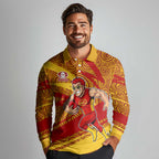 Gold Coast Suns Australian Football Long Sleeve Polo Shirt Sunny Hero Mascot With Indigenous Pattern Art