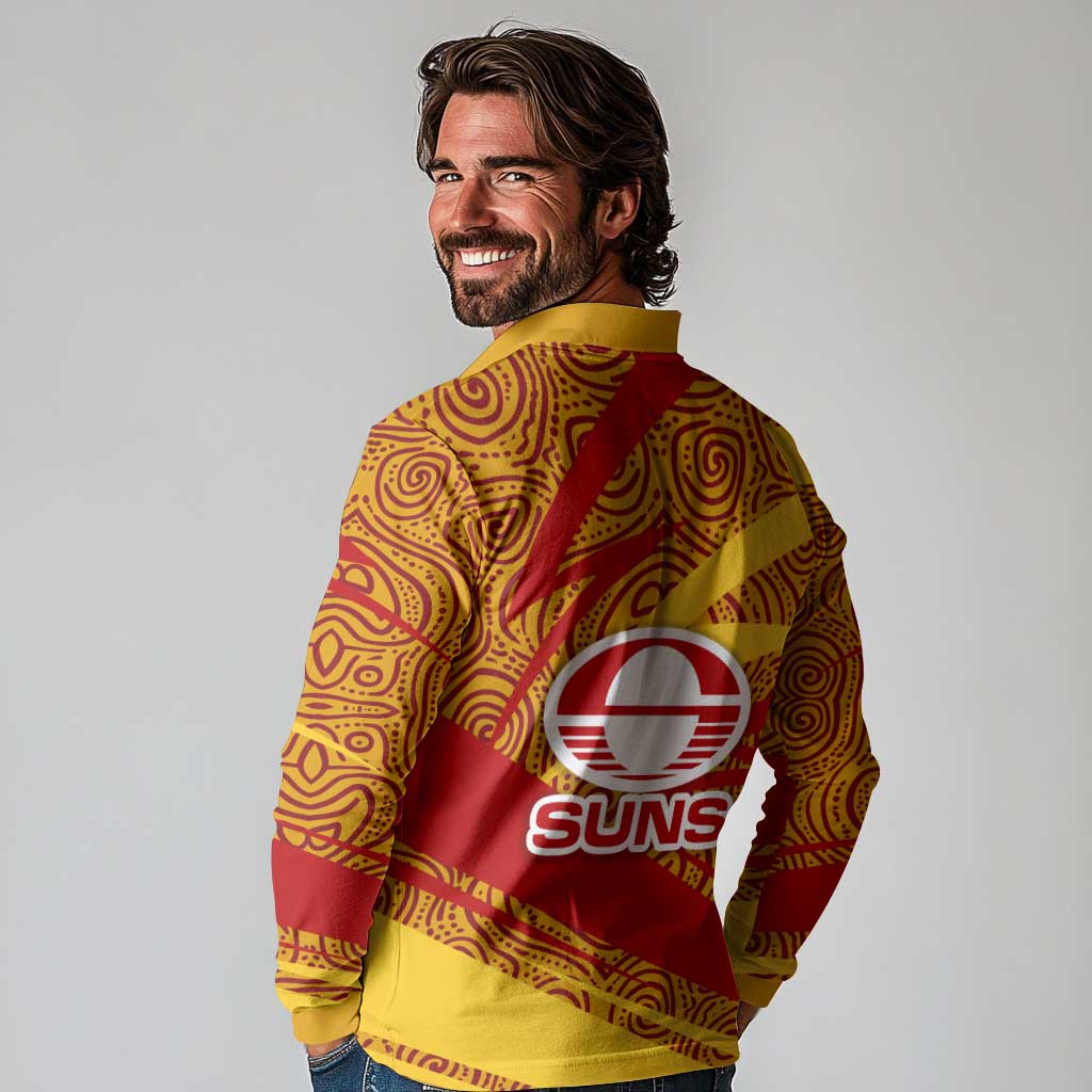 Gold Coast Suns Australian Football Long Sleeve Polo Shirt Sunny Hero Mascot With Indigenous Pattern Art