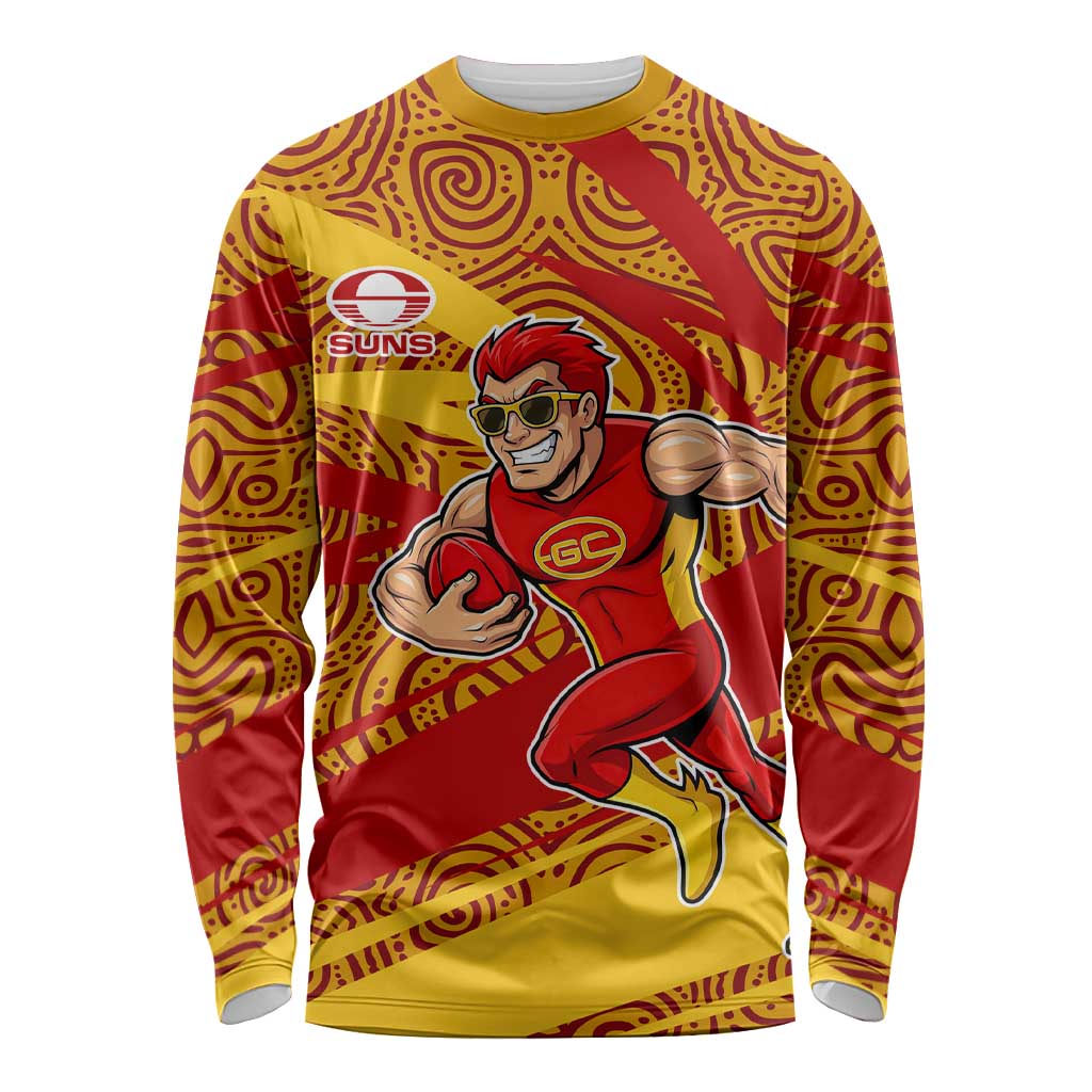Gold Coast Suns Australian Football Long Sleeve Shirt Sunny Hero Mascot With Indigenous Pattern Art