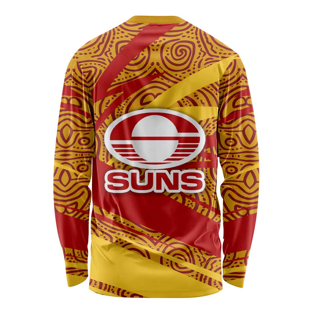Gold Coast Suns Australian Football Long Sleeve Shirt Sunny Hero Mascot With Indigenous Pattern Art