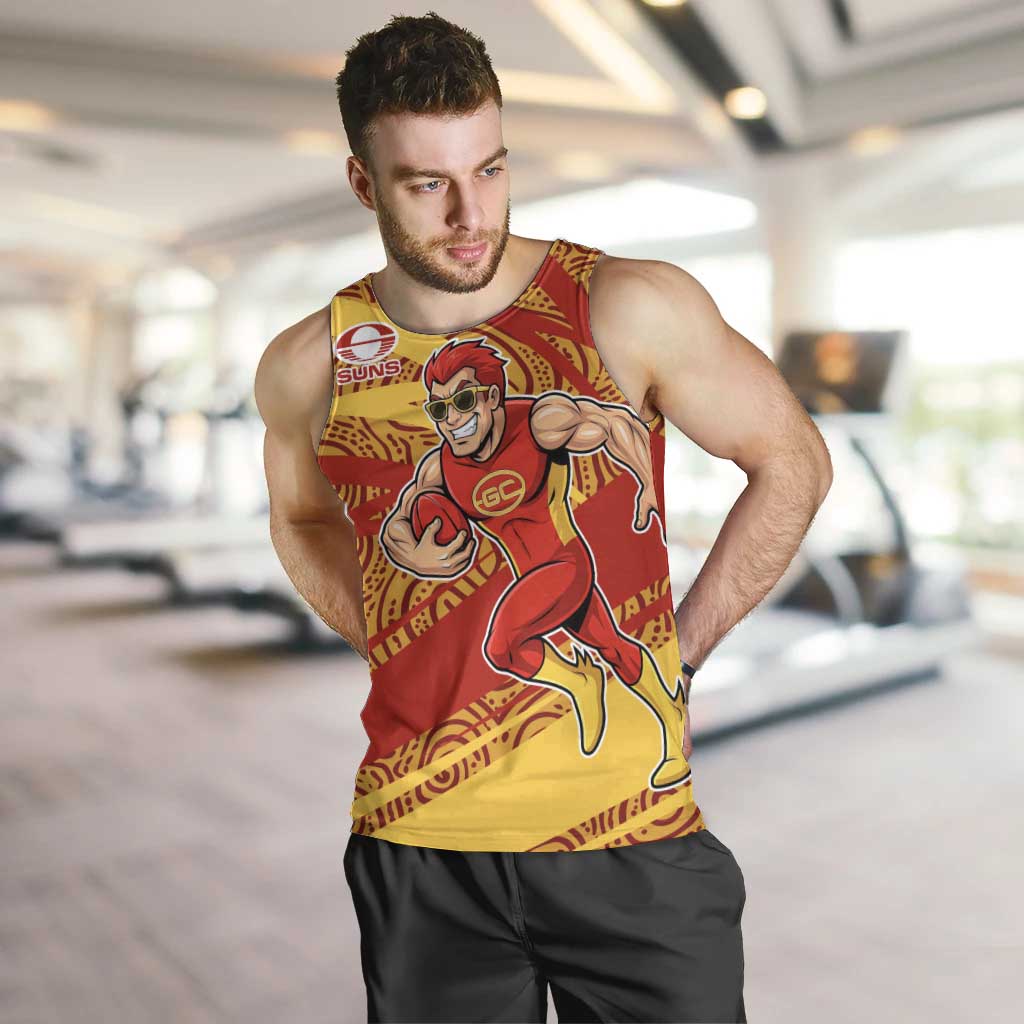 Gold Coast Suns Australian Football Men Tank Top Sunny Hero Mascot With Indigenous Pattern Art