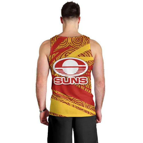 Gold Coast Suns Australian Football Men Tank Top Sunny Hero Mascot With Indigenous Pattern Art