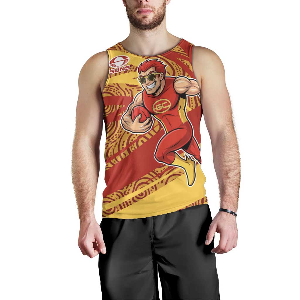 Gold Coast Suns Australian Football Men Tank Top Sunny Hero Mascot With Indigenous Pattern Art
