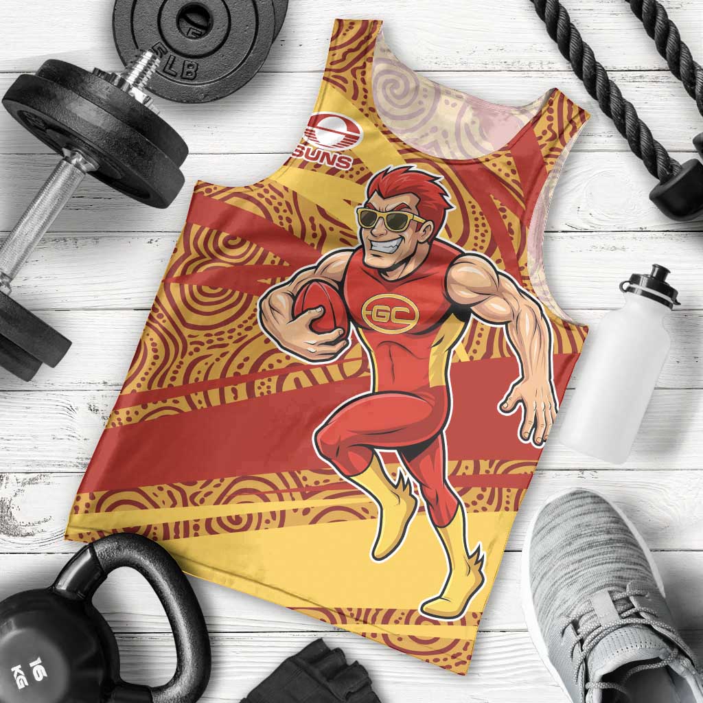 Gold Coast Suns Australian Football Men Tank Top Sunny Hero Mascot With Indigenous Pattern Art