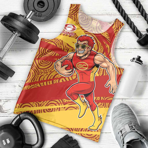Gold Coast Suns Australian Football Men Tank Top Sunny Hero Mascot With Indigenous Pattern Art