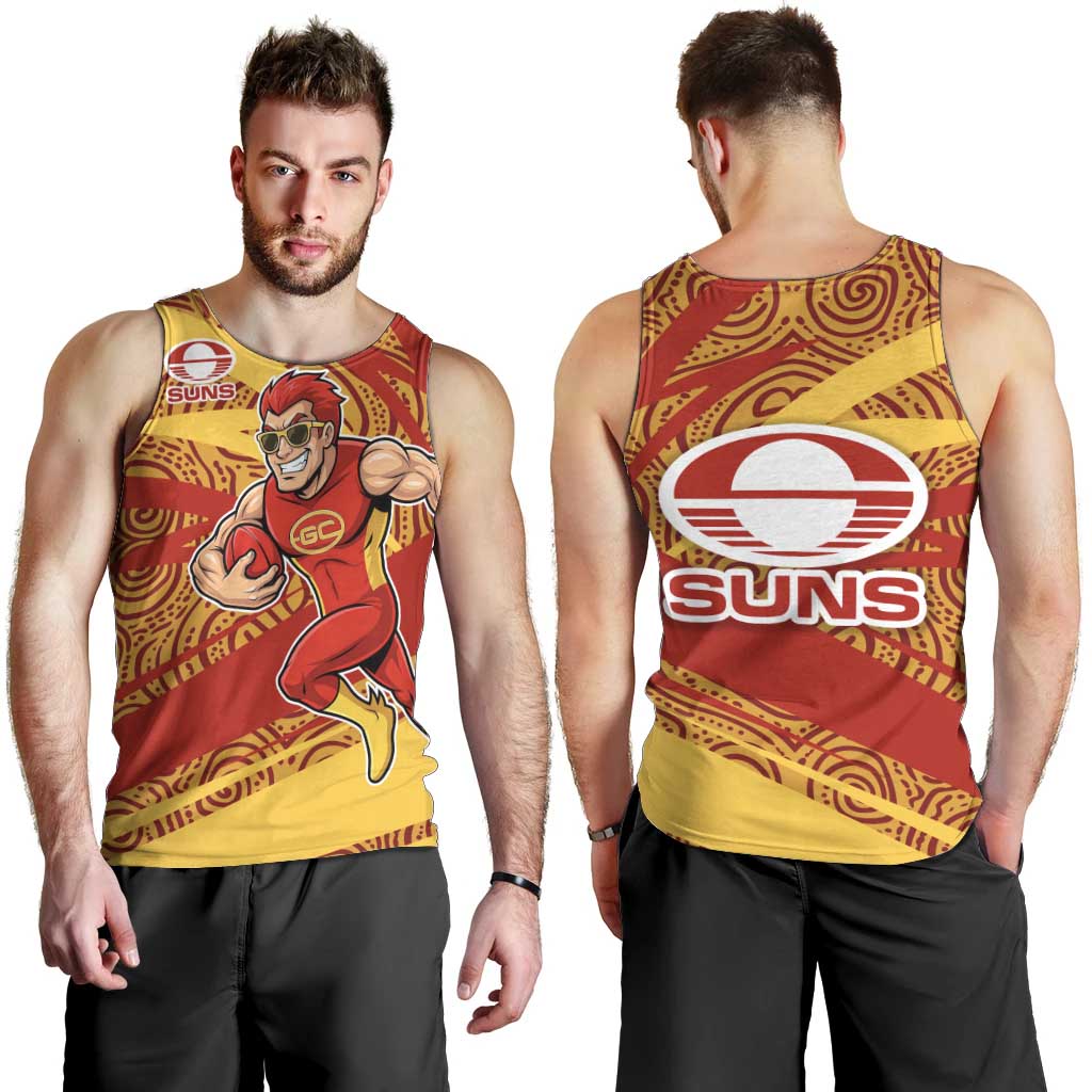 Gold Coast Suns Australian Football Men Tank Top Sunny Hero Mascot With Indigenous Pattern Art
