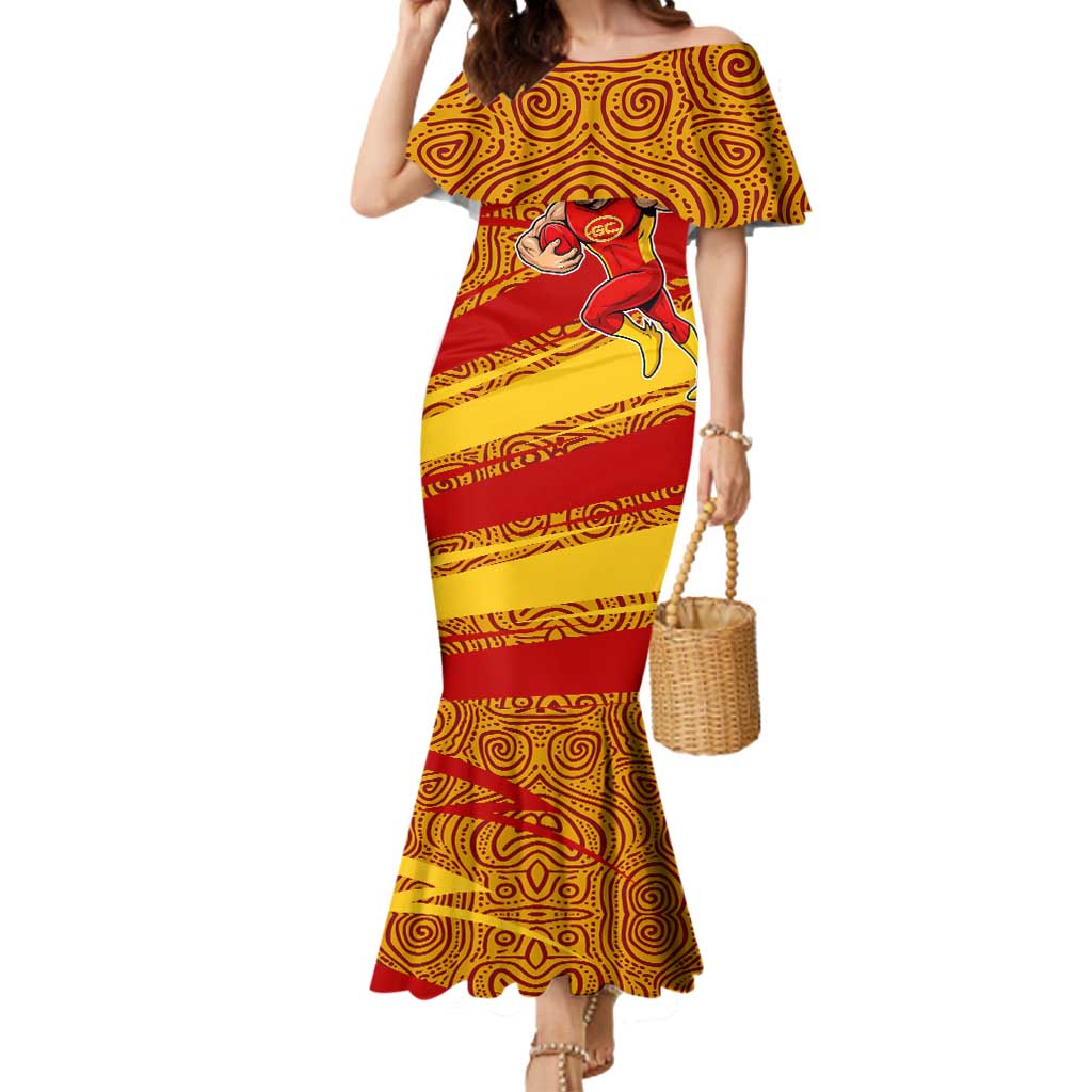 Gold Coast Suns Australian Football Mermaid Dress Sunny Hero Mascot With Indigenous Pattern Art