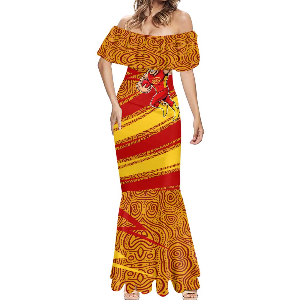Gold Coast Suns Australian Football Mermaid Dress Sunny Hero Mascot With Indigenous Pattern Art