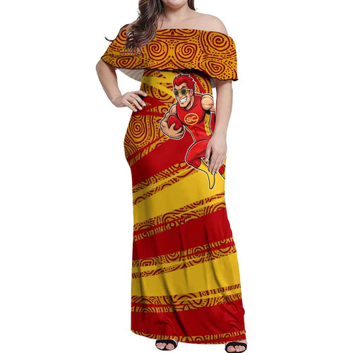Gold Coast Suns Australian Football Off Shoulder Maxi Dress Sunny Hero Mascot With Indigenous Pattern Art