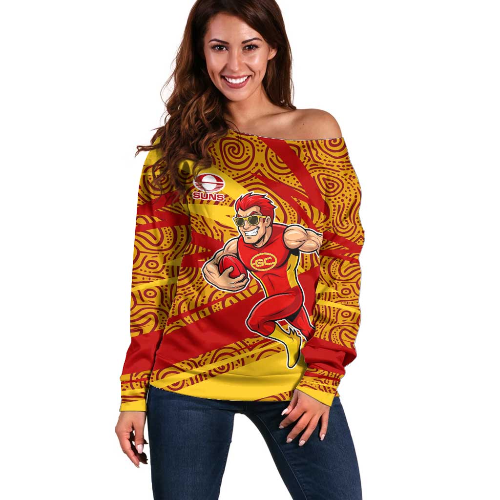 Gold Coast Suns Australian Football Off Shoulder Sweater Sunny Hero Mascot With Indigenous Pattern Art