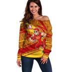 Gold Coast Suns Australian Football Off Shoulder Sweater Sunny Hero Mascot With Indigenous Pattern Art