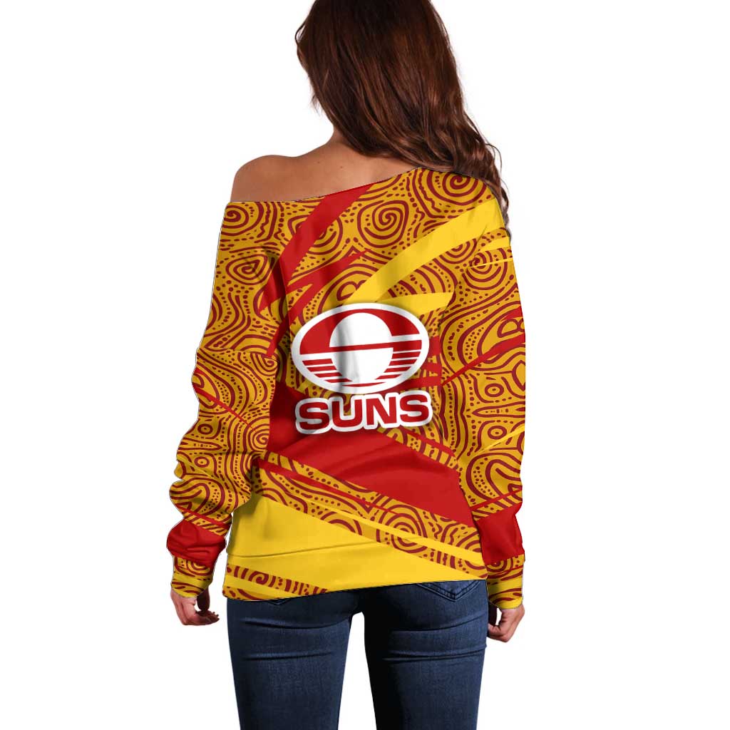 Gold Coast Suns Australian Football Off Shoulder Sweater Sunny Hero Mascot With Indigenous Pattern Art