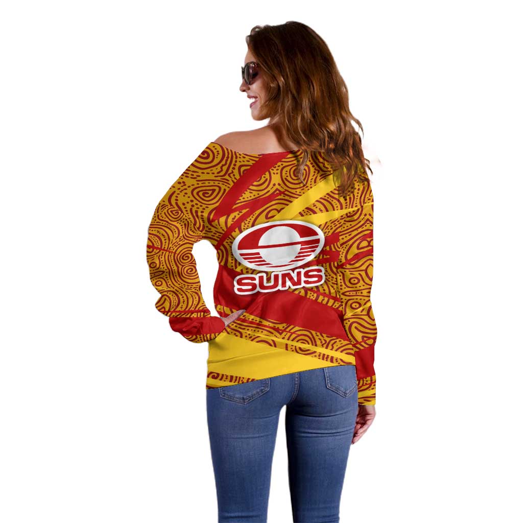 Gold Coast Suns Australian Football Off Shoulder Sweater Sunny Hero Mascot With Indigenous Pattern Art