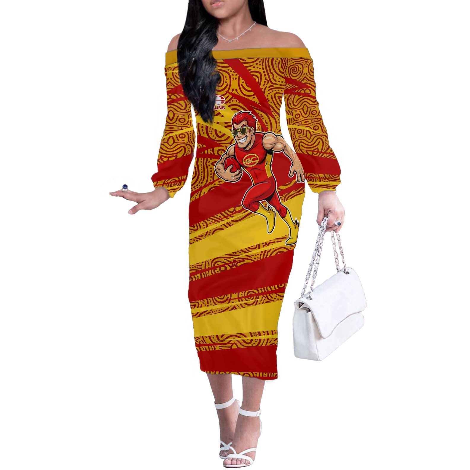 Gold Coast Suns Australian Football Off The Shoulder Long Sleeve Dress Sunny Hero Mascot With Indigenous Pattern Art