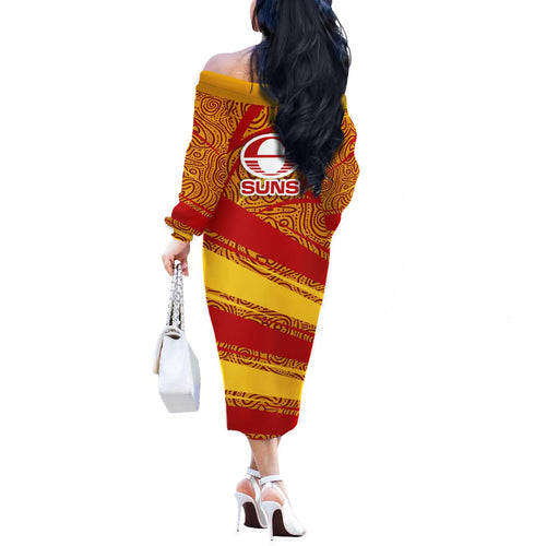 Gold Coast Suns Australian Football Off The Shoulder Long Sleeve Dress Sunny Hero Mascot With Indigenous Pattern Art