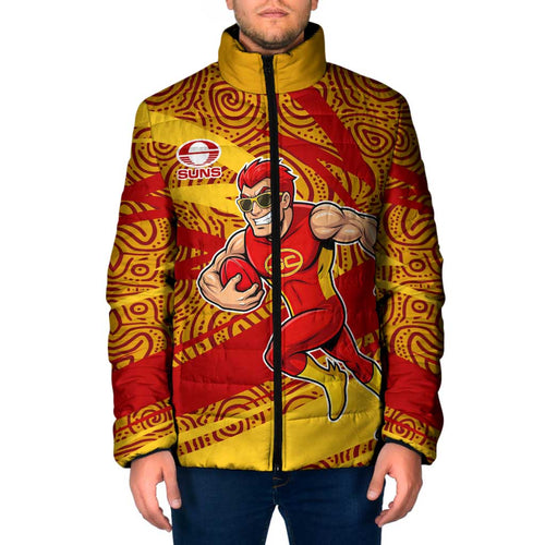 Gold Coast Suns Australian Football Padded Jacket Sunny Hero Mascot With Indigenous Pattern Art