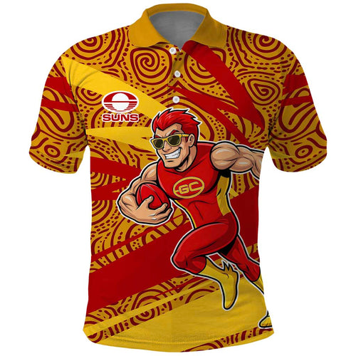 Gold Coast Suns Australian Football Polo Shirt Sunny Hero Mascot With Indigenous Pattern Art
