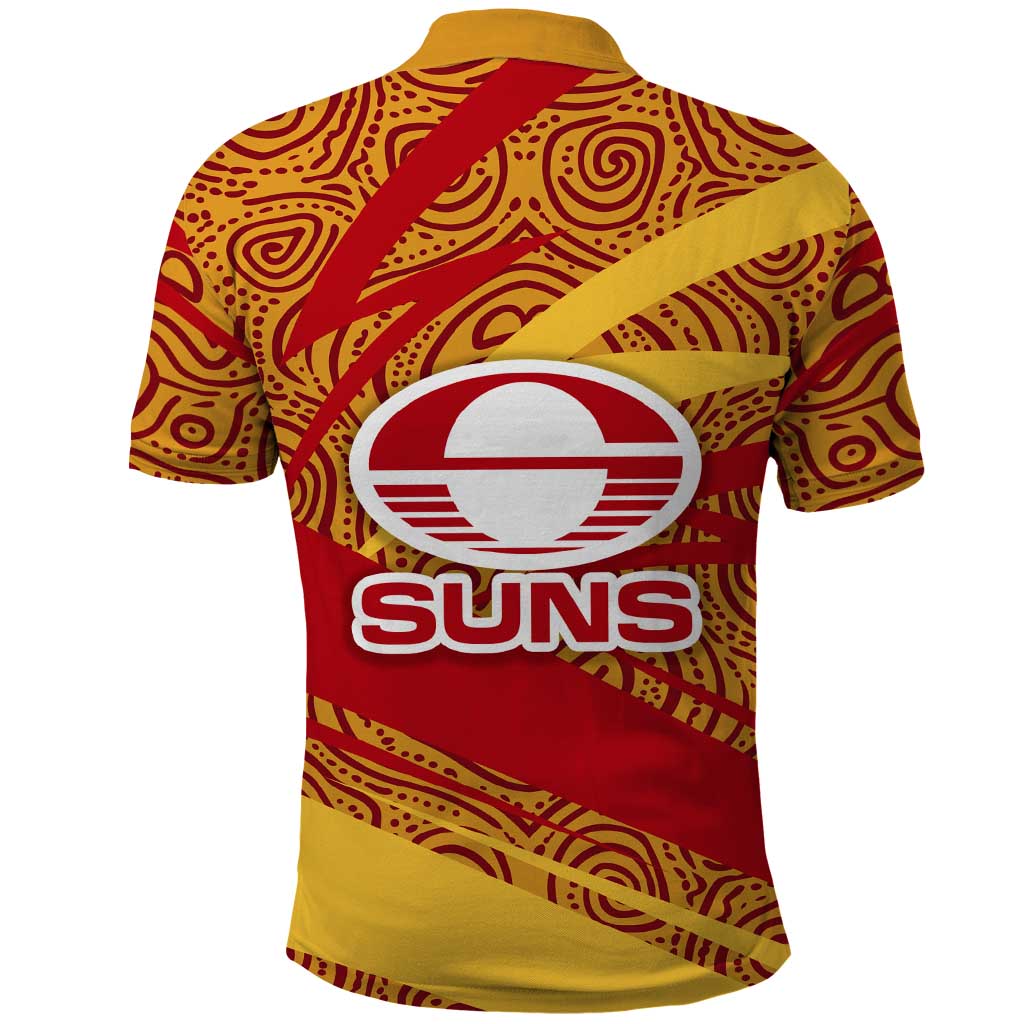 Gold Coast Suns Australian Football Polo Shirt Sunny Hero Mascot With Indigenous Pattern Art