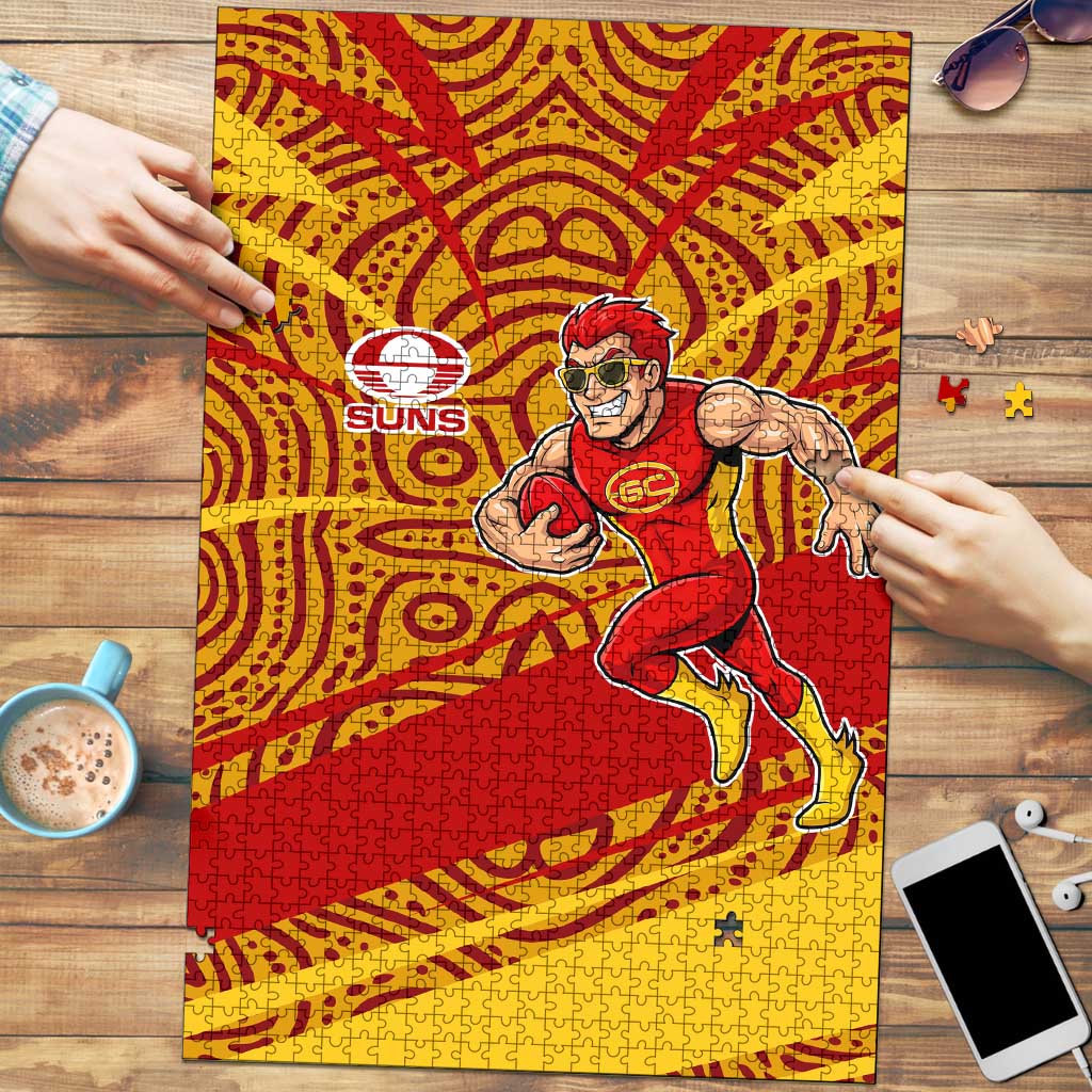 Gold Coast Suns Australian Football Puzzle Sunny Hero Mascot With Indigenous Pattern Art