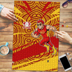 Gold Coast Suns Australian Football Puzzle Sunny Hero Mascot With Indigenous Pattern Art