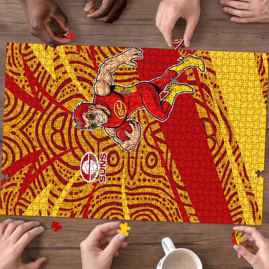 Gold Coast Suns Australian Football Puzzle Sunny Hero Mascot With Indigenous Pattern Art