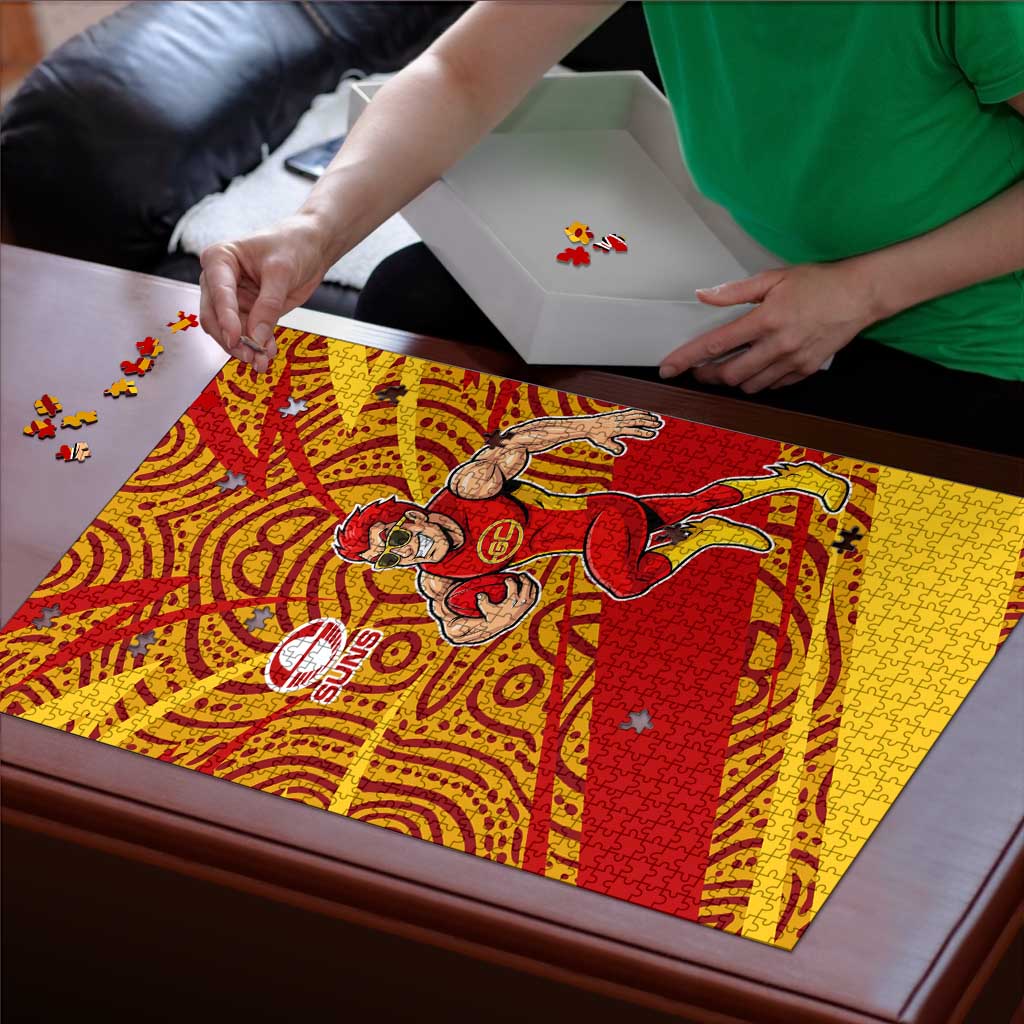 Gold Coast Suns Australian Football Puzzle Sunny Hero Mascot With Indigenous Pattern Art