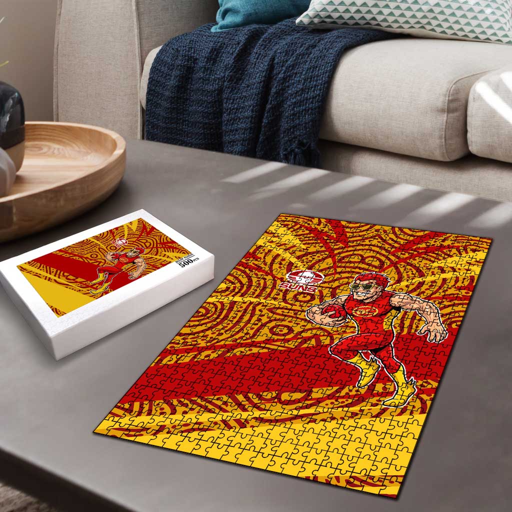 Gold Coast Suns Australian Football Puzzle Sunny Hero Mascot With Indigenous Pattern Art