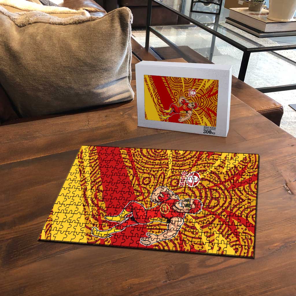 Gold Coast Suns Australian Football Puzzle Sunny Hero Mascot With Indigenous Pattern Art