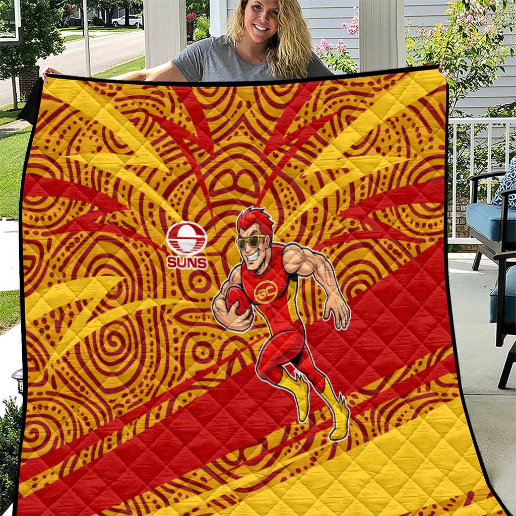 Gold Coast Suns Australian Football Quilt Sunny Hero Mascot With Indigenous Pattern Art