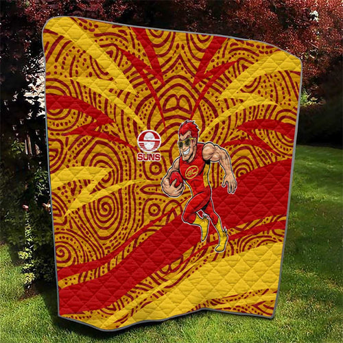 Gold Coast Suns Australian Football Quilt Sunny Hero Mascot With Indigenous Pattern Art