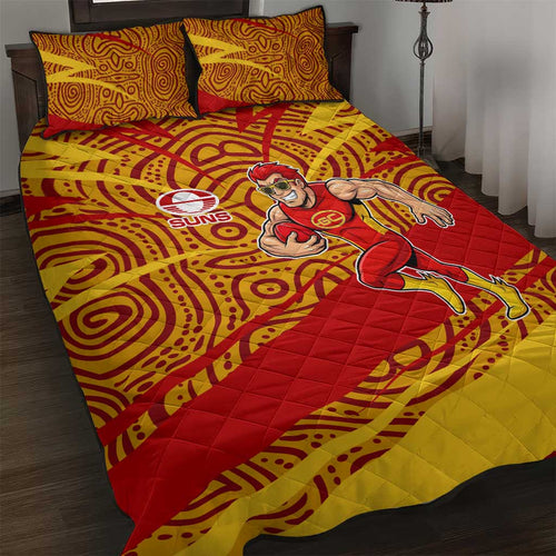 Gold Coast Suns Australian Football Quilt Bed Set Sunny Hero Mascot With Indigenous Pattern Art