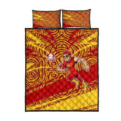 Gold Coast Suns Australian Football Quilt Bed Set Sunny Hero Mascot With Indigenous Pattern Art