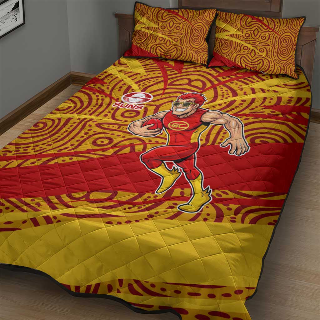 Gold Coast Suns Australian Football Quilt Bed Set Sunny Hero Mascot With Indigenous Pattern Art