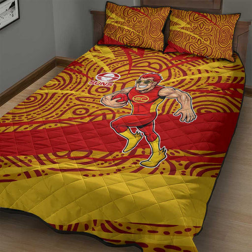 Gold Coast Suns Australian Football Quilt Bed Set Sunny Hero Mascot With Indigenous Pattern Art