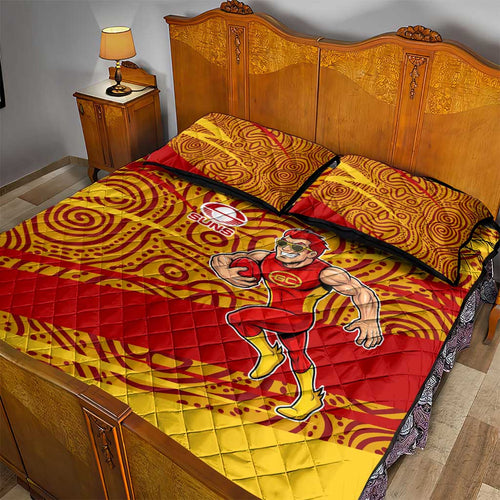 Gold Coast Suns Australian Football Quilt Bed Set Sunny Hero Mascot With Indigenous Pattern Art