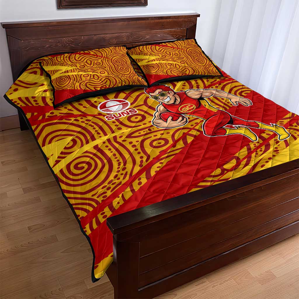 Gold Coast Suns Australian Football Quilt Bed Set Sunny Hero Mascot With Indigenous Pattern Art