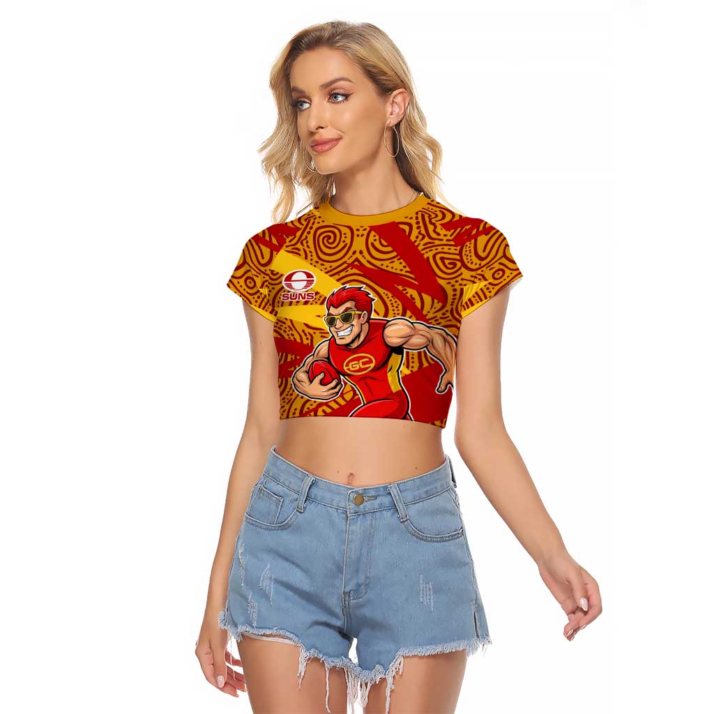 Gold Coast Suns Australian Football Raglan Cropped T Shirt Sunny Hero Mascot With Indigenous Pattern Art