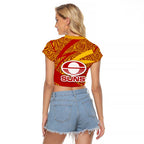 Gold Coast Suns Australian Football Raglan Cropped T Shirt Sunny Hero Mascot With Indigenous Pattern Art