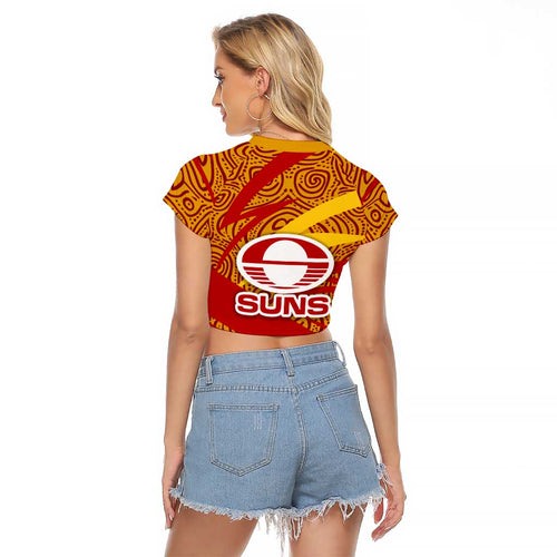 Gold Coast Suns Australian Football Raglan Cropped T Shirt Sunny Hero Mascot With Indigenous Pattern Art