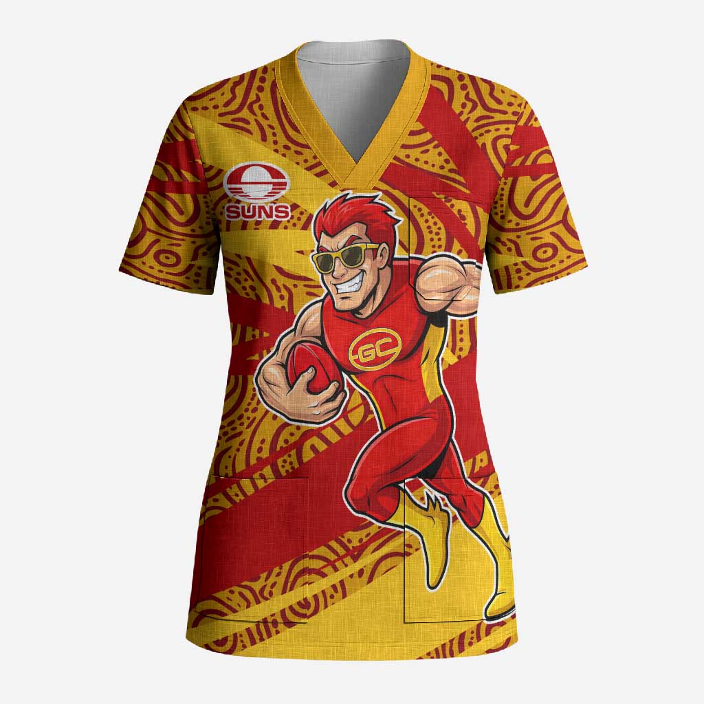 Gold Coast Suns Australian Football Scrub Top Sunny Hero Mascot With Indigenous Pattern Art