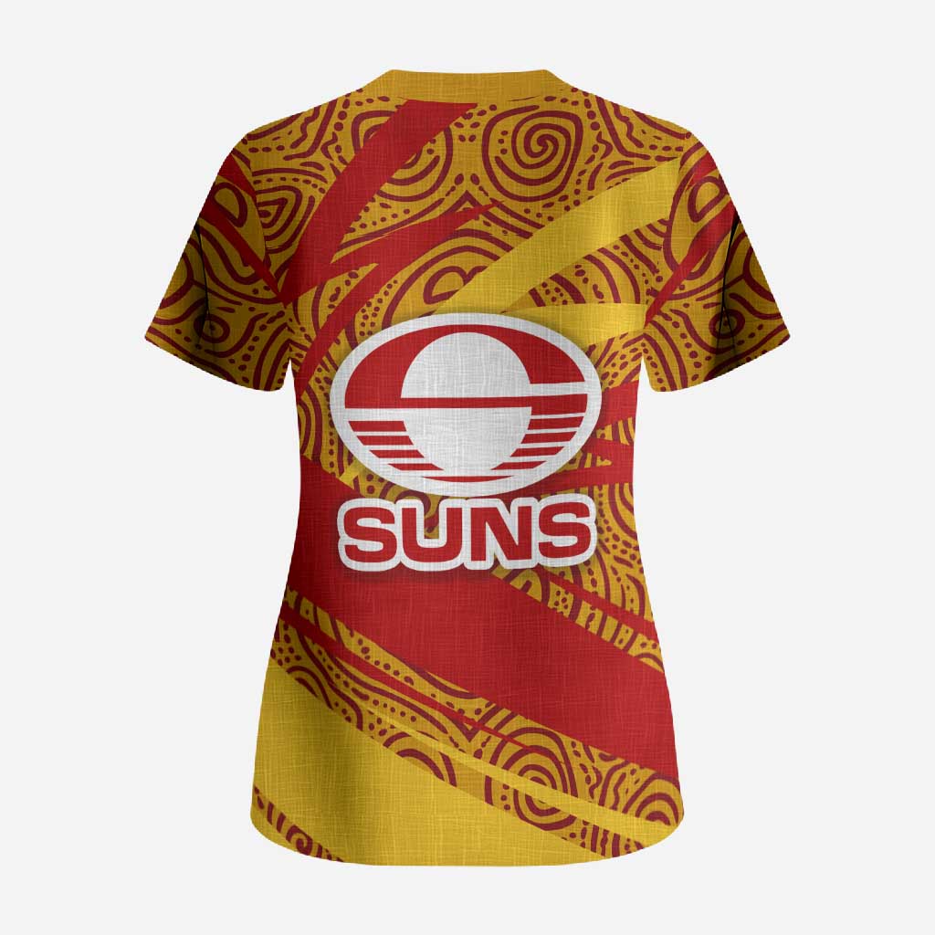 Gold Coast Suns Australian Football Scrub Top Sunny Hero Mascot With Indigenous Pattern Art
